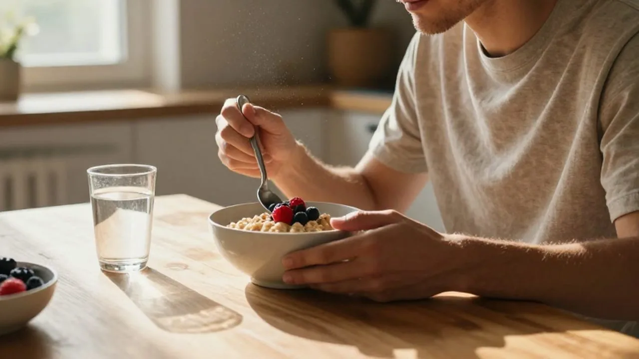 Persona disfrutando un desayuno saludable de avena y frutas en una mesa de madera iluminada por el sol.