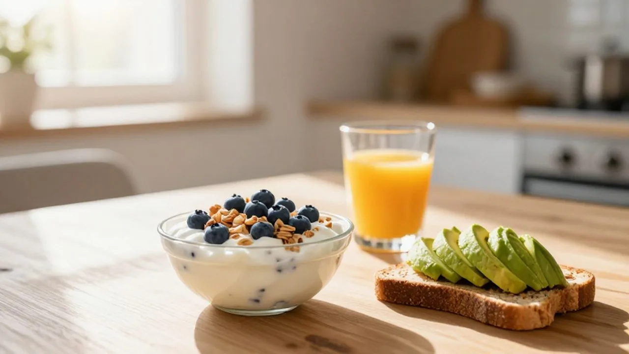Desayuno saludable con yogur con arándanos, tostada de aguacate y zumo de cítricos bajo la luz del sol.