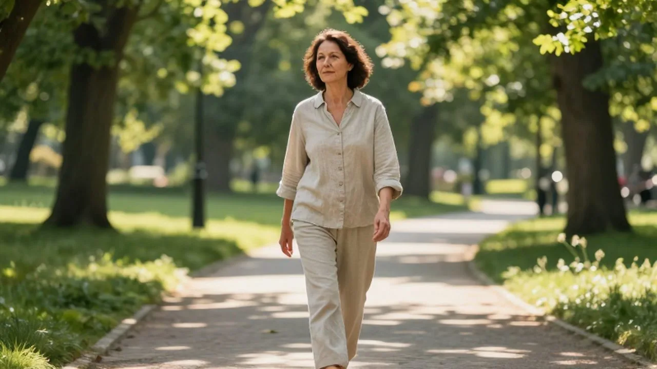 Mujer de mediana edad caminando relajada por un sendero de piedra en un parque soleado.