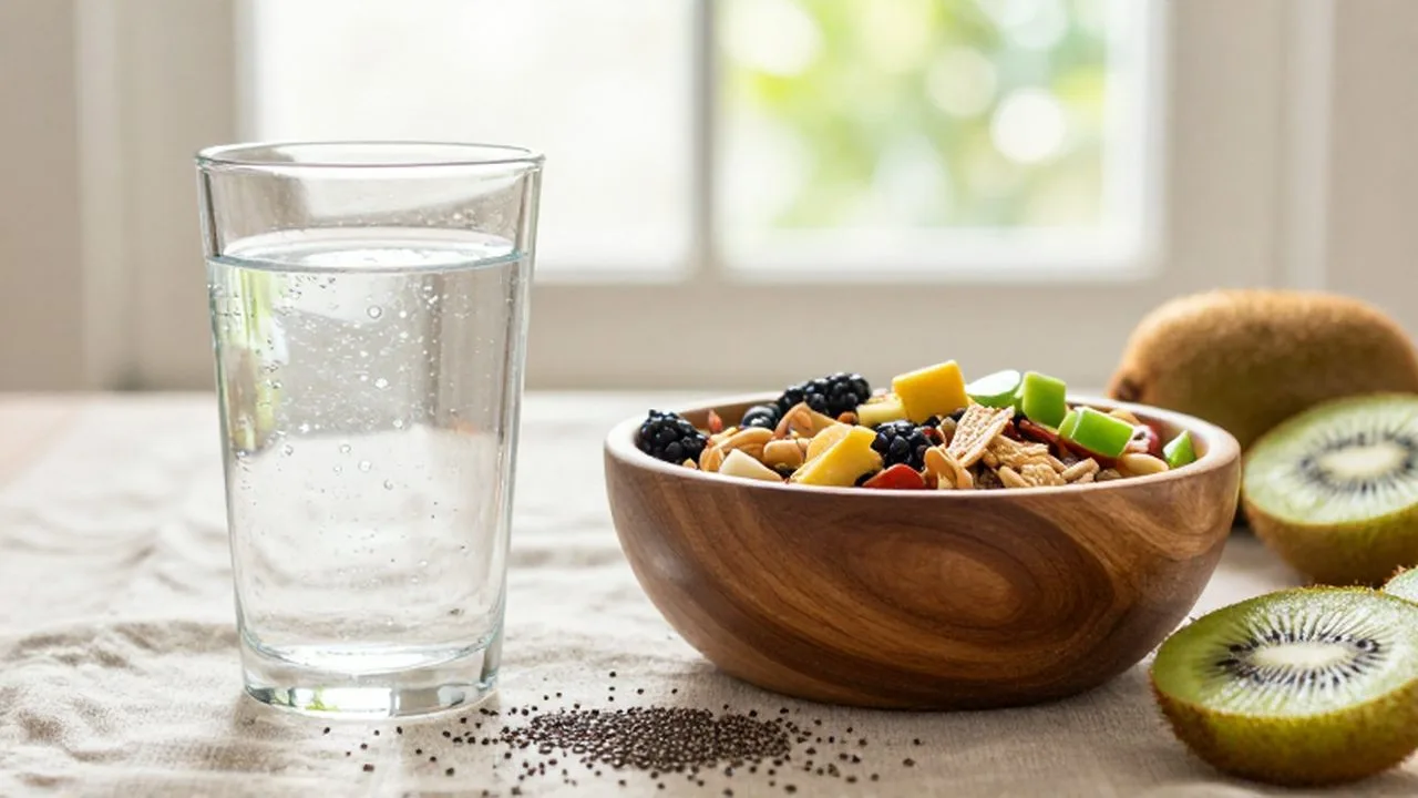 Vaso de agua con gas junto a un cuenco de madera con frutas y semillas.