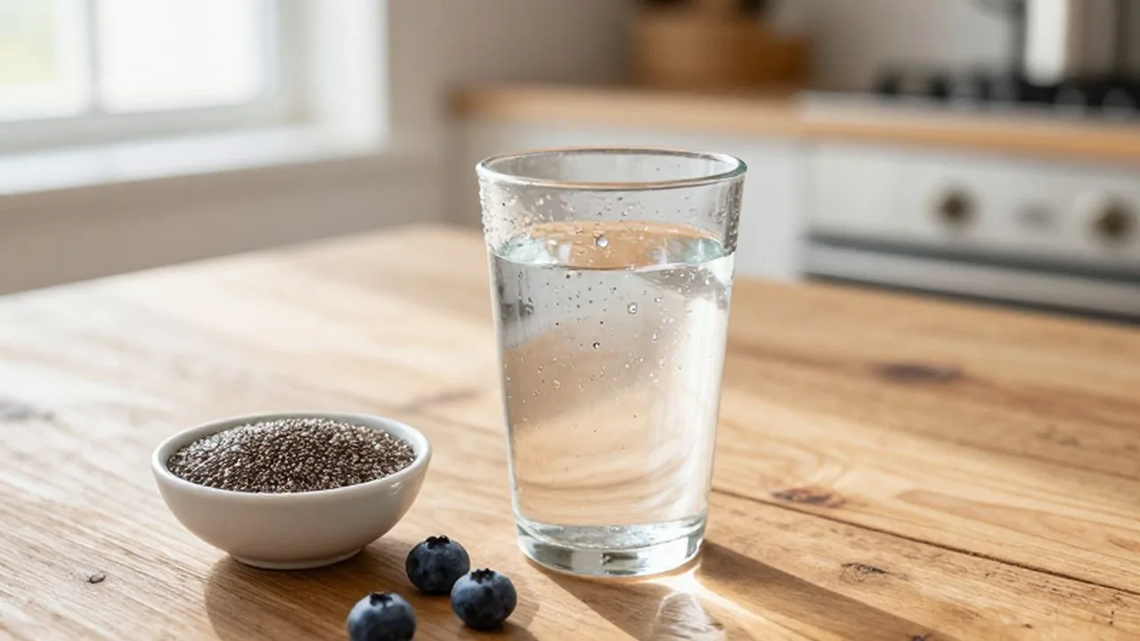 Vaso de agua fría con gotas de condensación junto a un cuenco de chía y arándanos sobre madera.