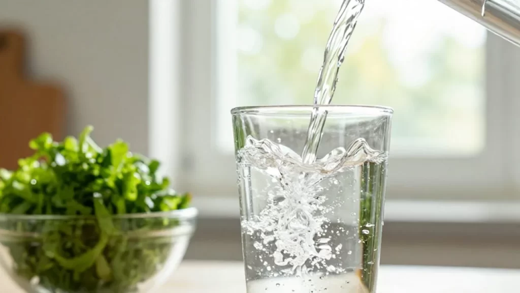 Agua con gas vertiéndose en un vaso de cristal bajo la luz del sol en una cocina luminosa.