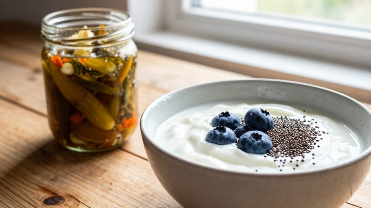Bol de yogur con arándanos y semillas de chía junto a un frasco de vegetales fermentados.
