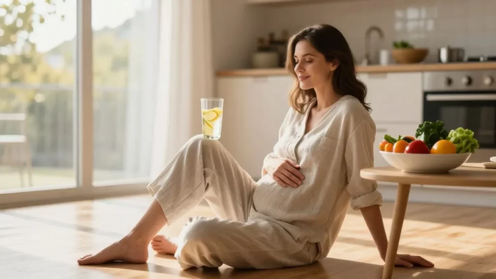 Mujer sentada en una cocina luminosa descansando la mano sobre su vientre con calma.
