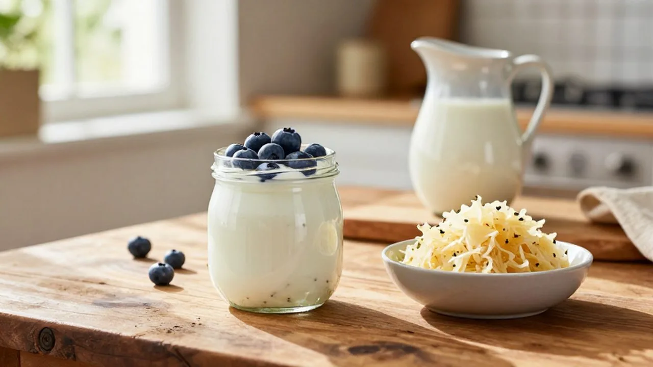 Variedad de alimentos probióticos como yogur con arándanos, chucrut y kéfir sobre una mesa de madera.