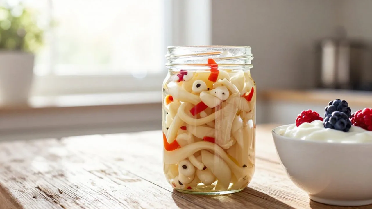 Frasco de vegetales fermentados junto a un bol de yogur con frutos rojos sobre madera.