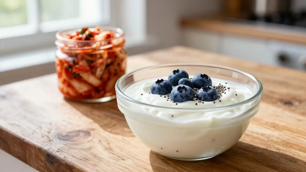Yogur casero con arándanos y semillas de chía junto a un frasco de kimchi.