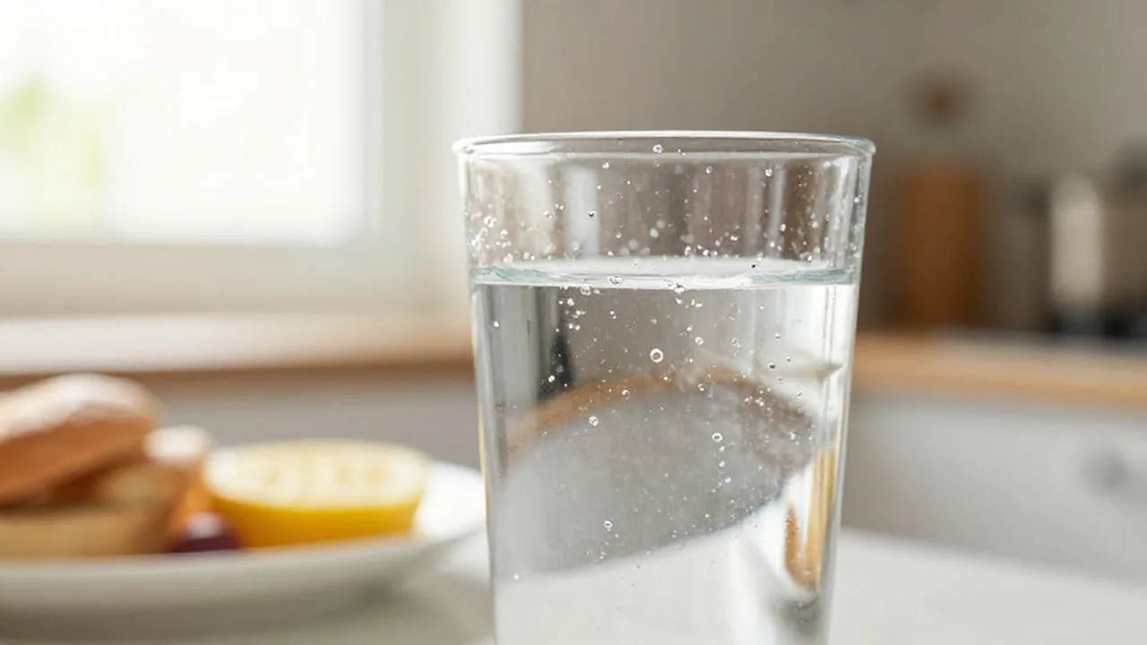 Vaso de agua fría con gotas de condensación sobre una mesa de cocina soleada.