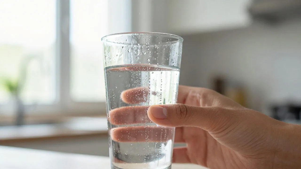 Una mano sostiene un vaso de agua fresca con gotas de condensación bajo la luz del sol.