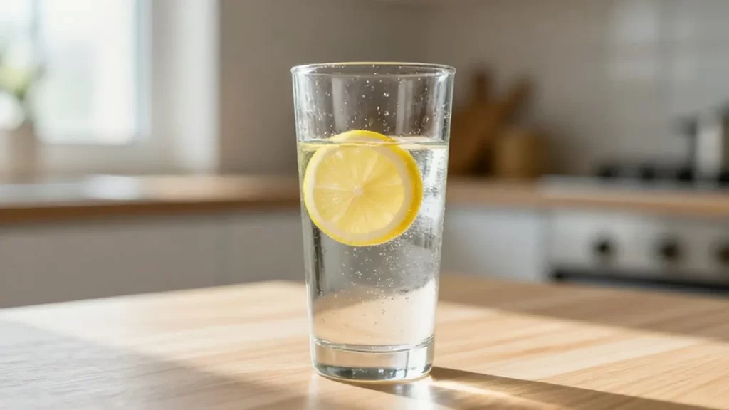 Vaso de agua fresca con una rodaja de limón sobre una mesa de madera iluminada por el sol.