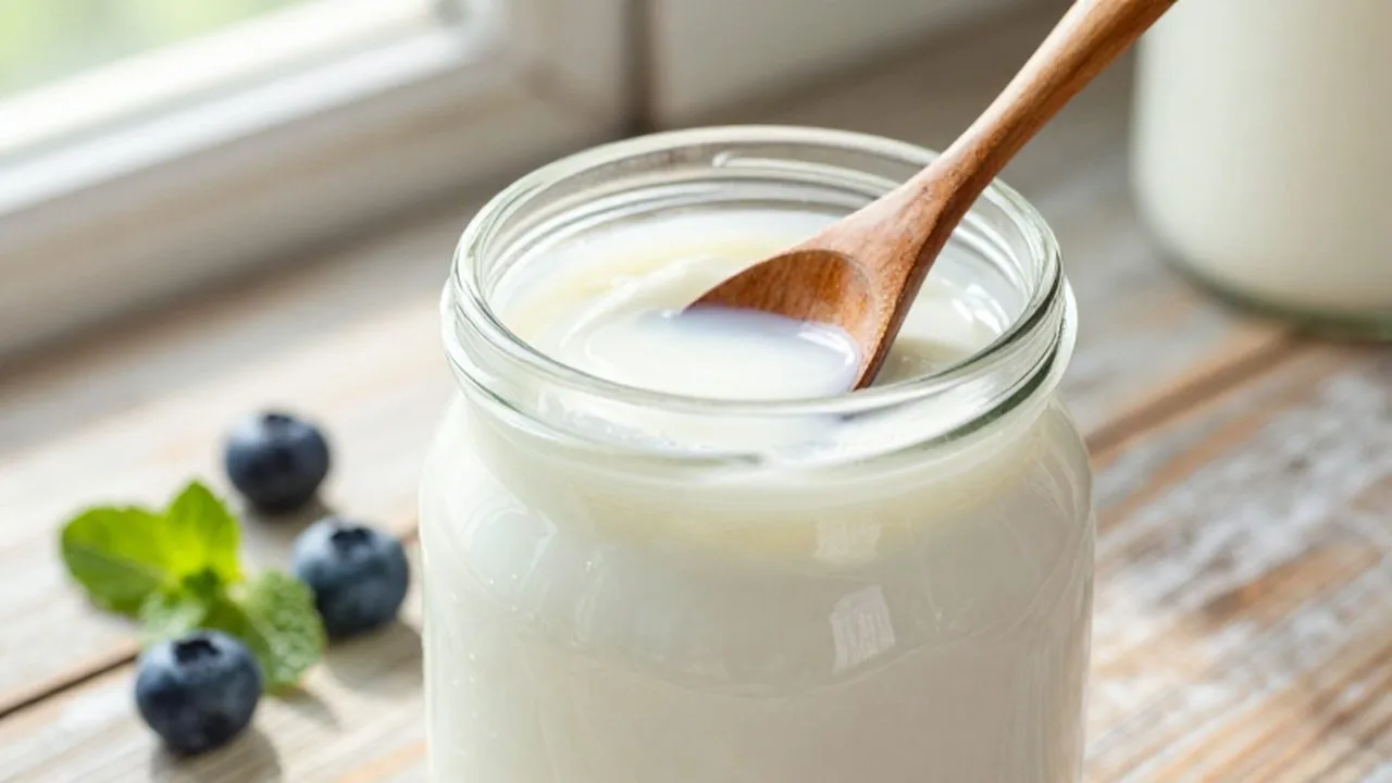 Frasco de vidrio con kéfir cremoso, arándanos y hojas de menta sobre una mesa de madera.