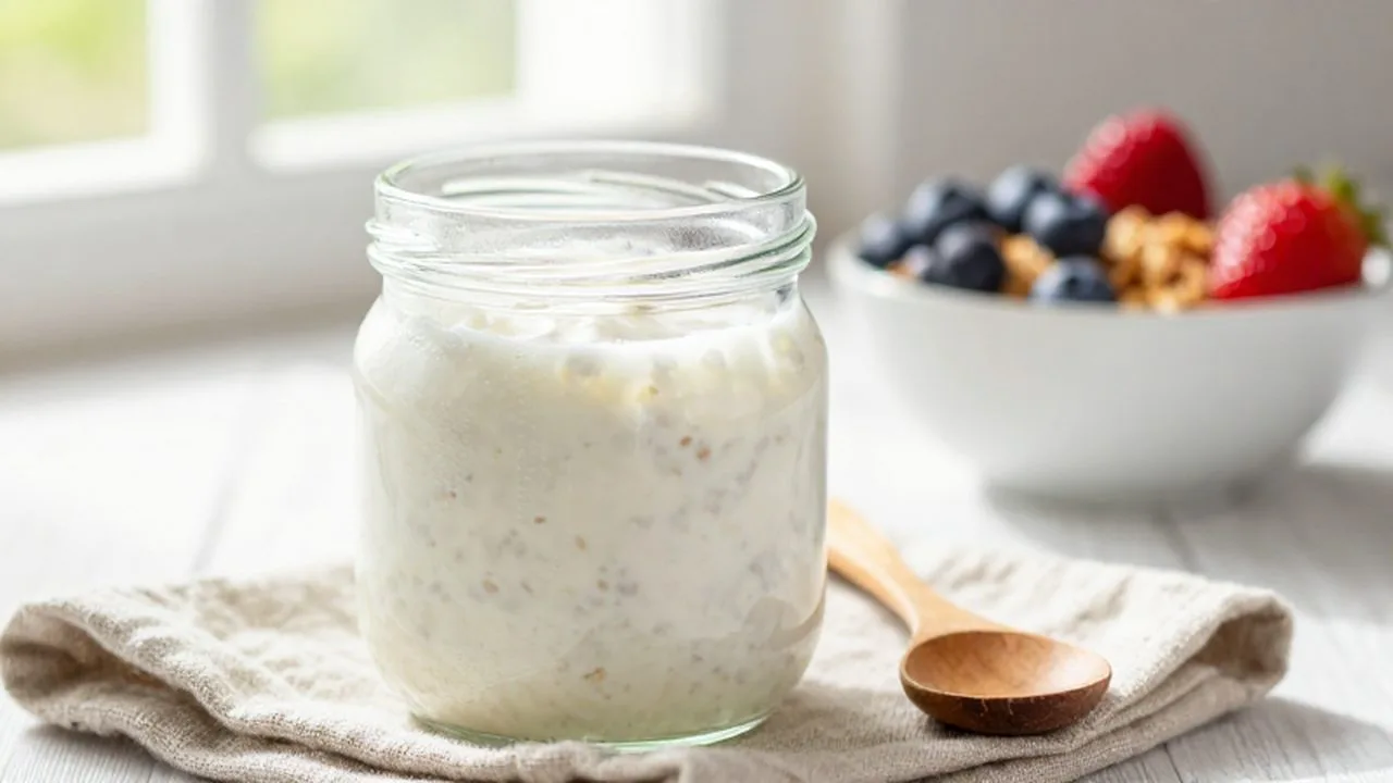 Frasco de vidrio con kéfir cremoso junto a una cuchara de madera y frutas frescas.