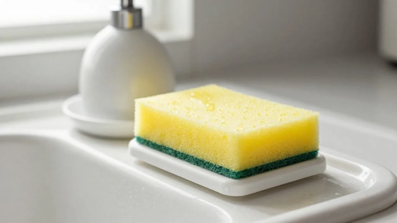 Esponja de cocina amarilla y verde sobre un jabonero en un fregadero iluminado por la luz natural.