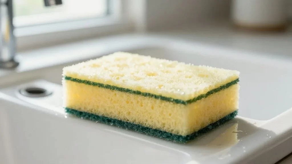 Esponja de cocina húmeda con gotas de agua sobre un fregadero de cerámica blanca.