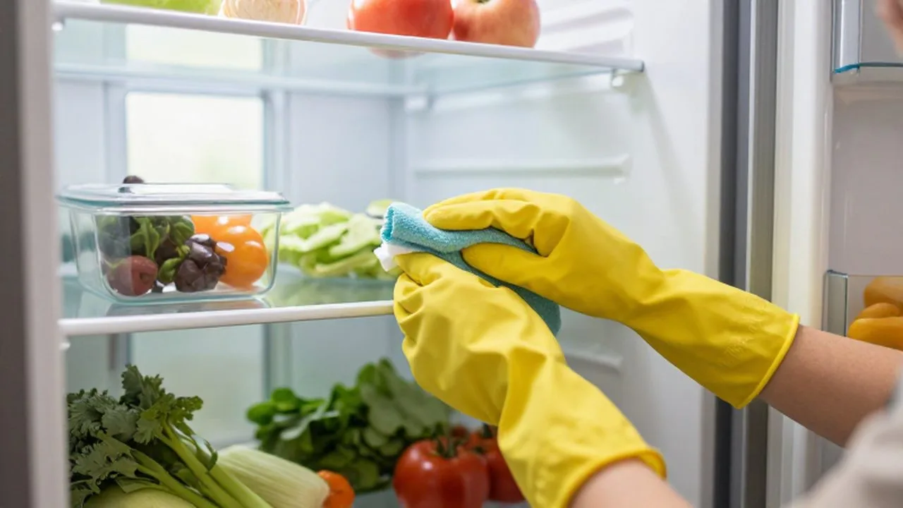 Manos con guantes amarillos limpiando los estantes de cristal de un refrigerador organizado.