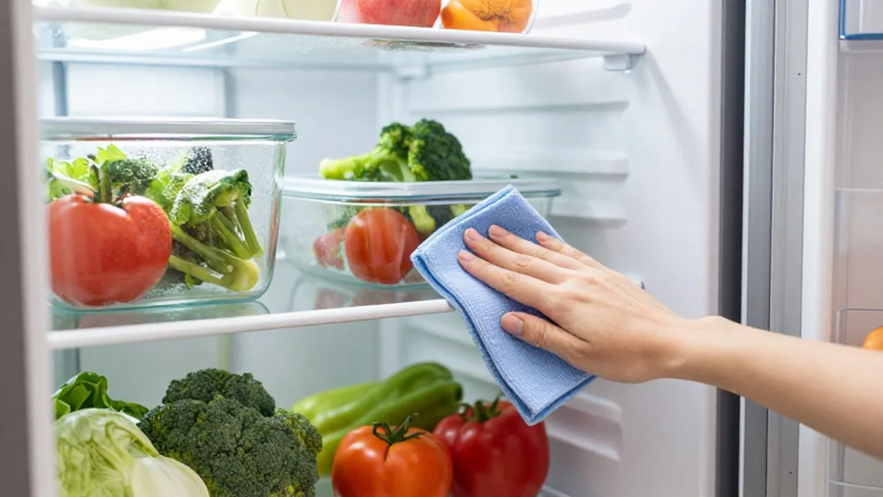 Una mano limpia con un paño de microfibra un estante lleno de vegetales frescos en un refrigerador moderno.