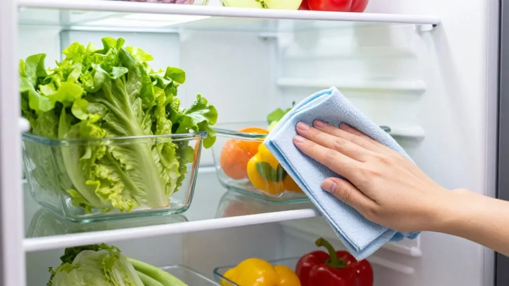 Una mano limpia con un paño de microfibra un estante de cristal en un refrigerador lleno de vegetales frescos.