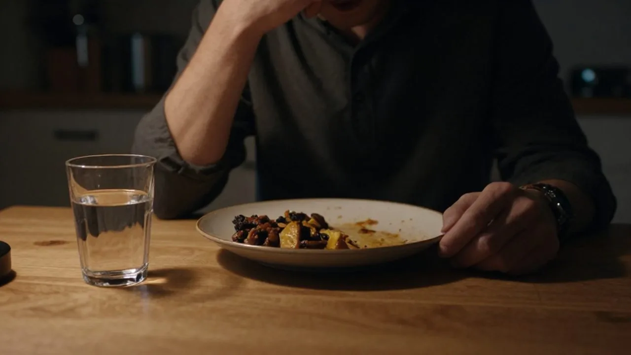 Persona sentada sola frente a un plato de comida en una cocina tenuemente iluminada.