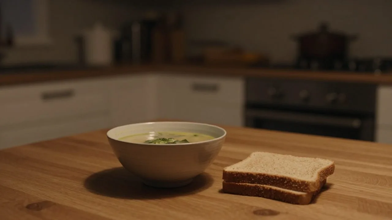 Un tazón de sopa ligera y una tostada integral sobre una mesa de madera en una cocina tenue.