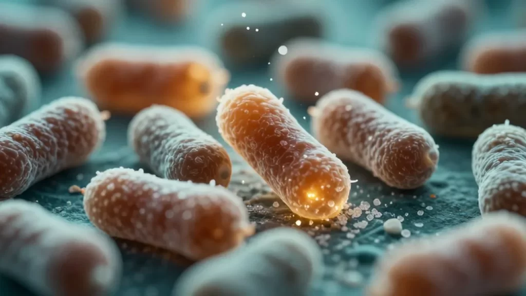 Colonias de bacterias intestinales benéficas bajo una lluvia de granos de azúcar cristalinos.