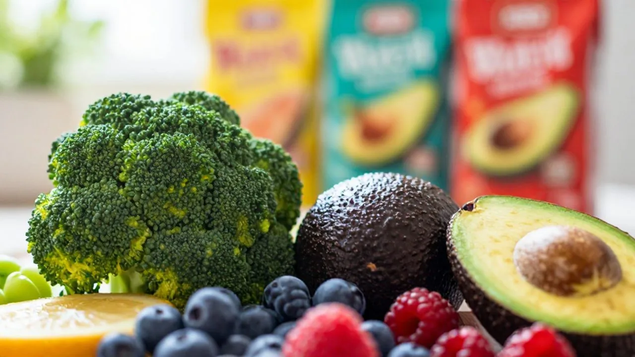 Primer plano de brócoli, aguacates y frutos rojos frescos frente a snacks procesados desenfocados.