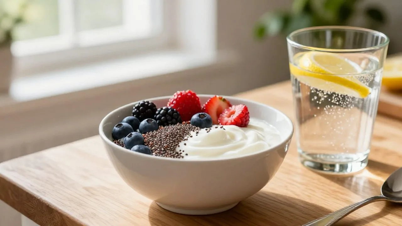 Bol de yogur con bayas y semillas de chía junto a un vaso de agua con limón.