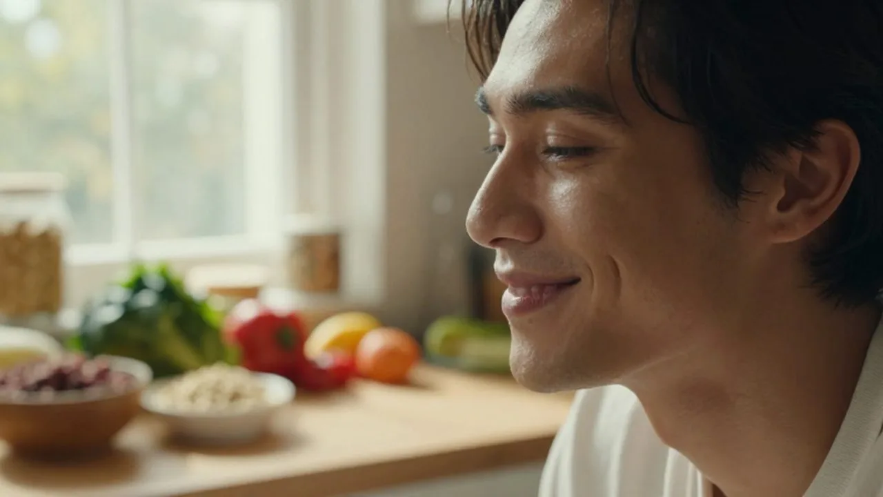 Persona sonriente con piel radiante en una cocina iluminada por la luz del sol.