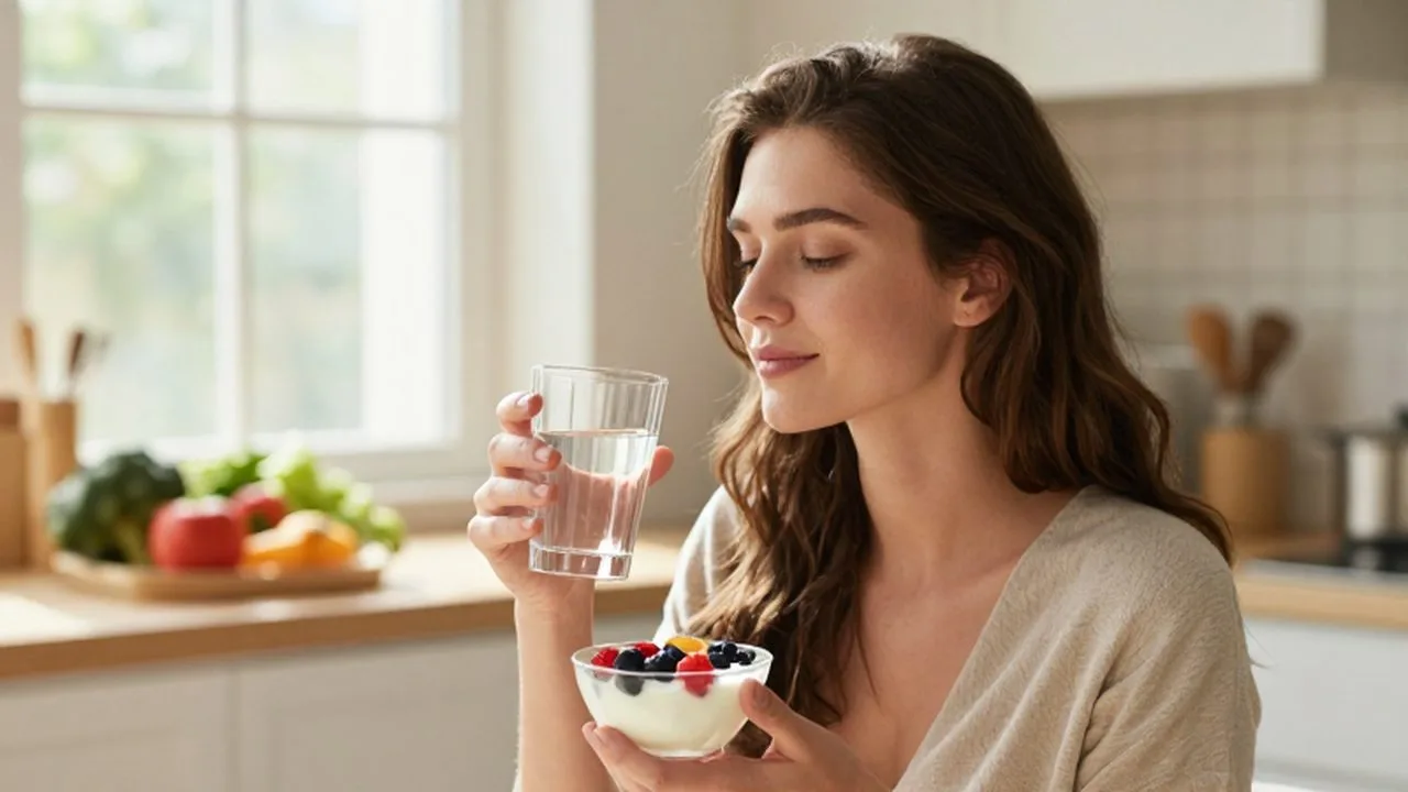 Mujer joven con expresión tranquila desayunando yogur con frutas en una cocina luminosa.