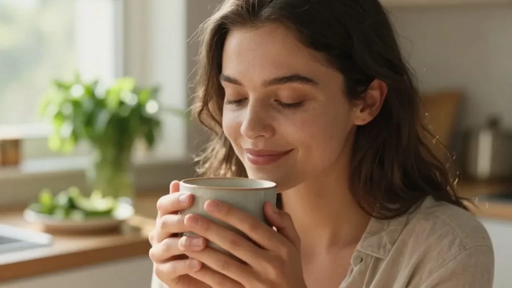 Mujer joven sonriendo con calma mientras sostiene una taza de cerámica en una cocina soleada.