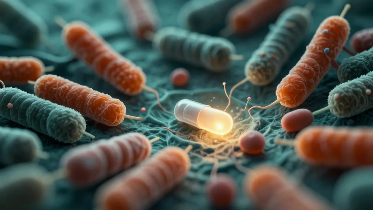 Microscopía de colonias de bacterias coloridas en el intestino siendo perturbadas por una cápsula de antibiótico.