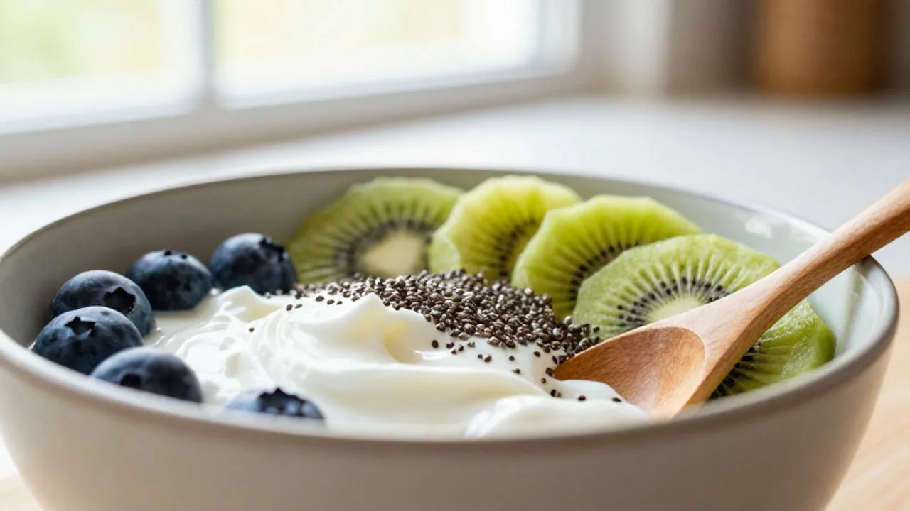 Cuenco de yogur griego con arándanos, kiwi y semillas de chía sobre una mesa de madera.