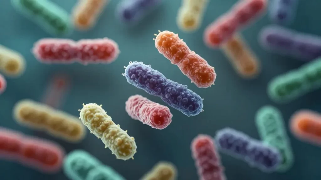 Microbiota intestinal con diversos grupos de bacterias coloridas y algunas células desvaneciéndose en un fluido biológico.