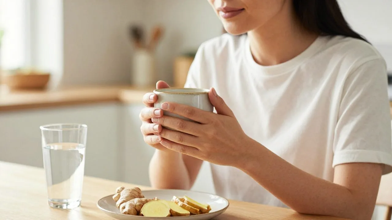 Mujer con expresión serena sosteniendo una taza caliente en una cocina iluminada por el sol.