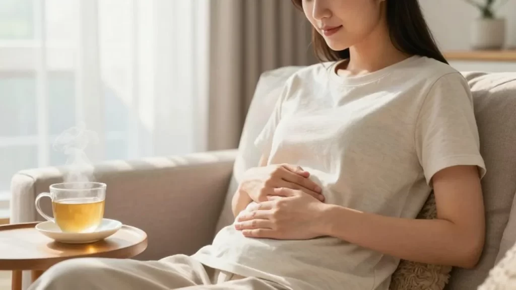 Mujer joven sentada en un sofá relajada con una taza de té de jengibre.