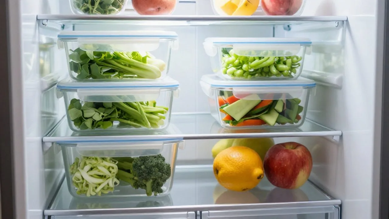 Interior de un refrigerador moderno y organizado con vegetales frescos y frutas en recipientes transparentes.
