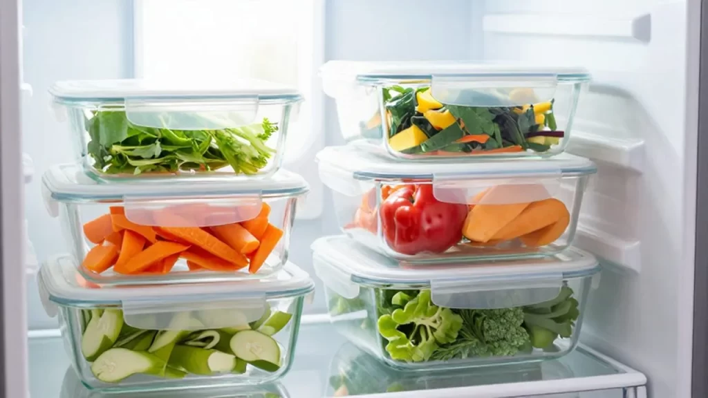 Interior de un refrigerador organizado con recipientes de vidrio llenos de vegetales frescos y coloridos.