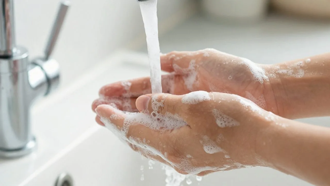 Manos cubiertas de espuma de jabón lavándose bajo el chorro de agua de un grifo.
