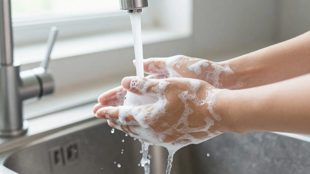 Persona lavándose las manos con abundante espuma de jabón bajo un grifo de cocina.