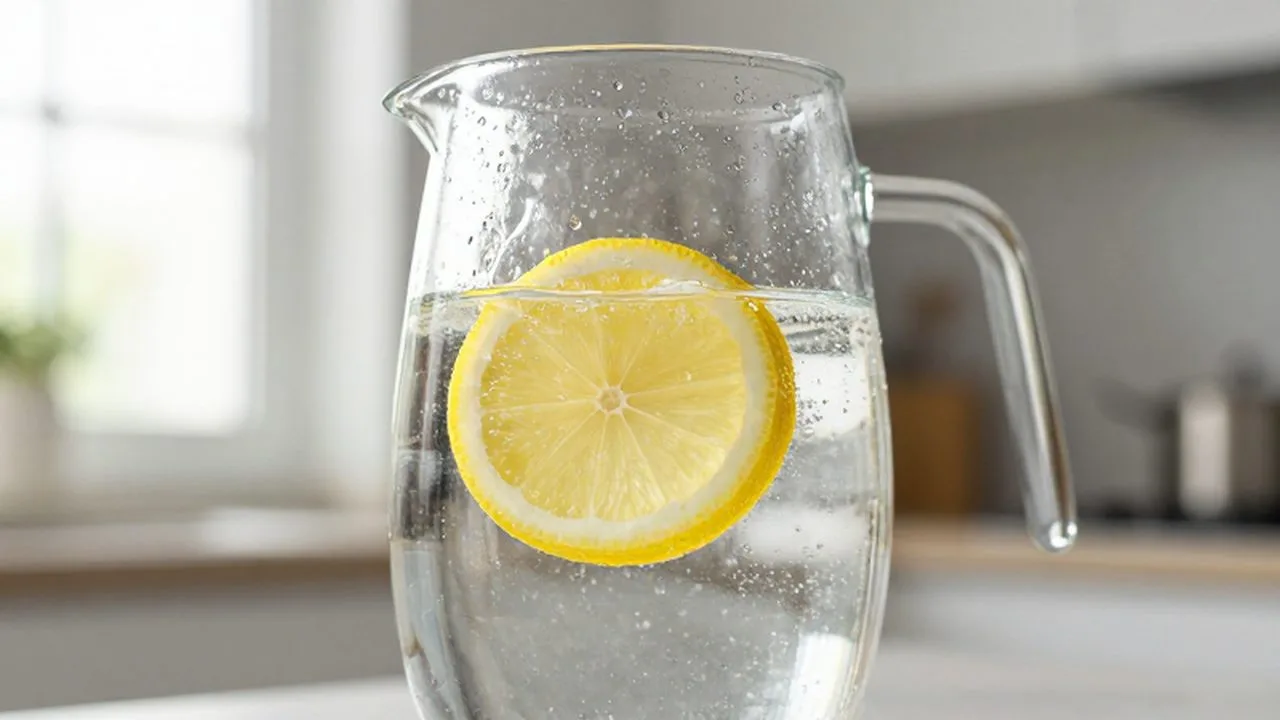 Jarra de cristal con agua fresca y una rodaja de limón bajo la luz del sol.