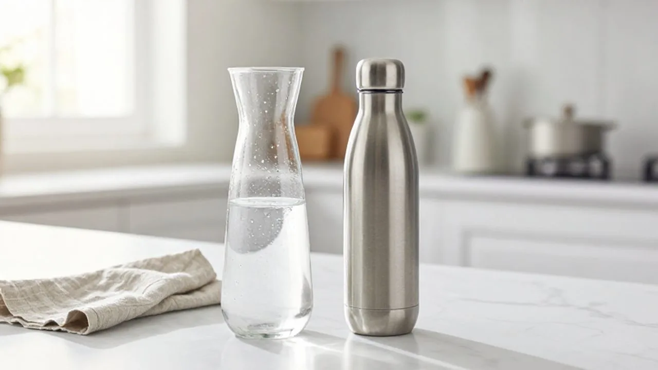 Una jarra de cristal y una botella de acero inoxidable sobre una encimera de mármol blanco.