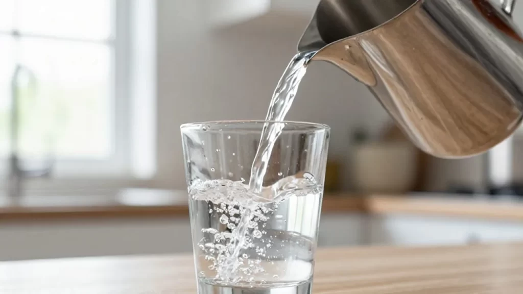 Agua fresca vertiéndose desde una jarra de acero inoxidable en un vaso de cristal bajo la luz del sol.