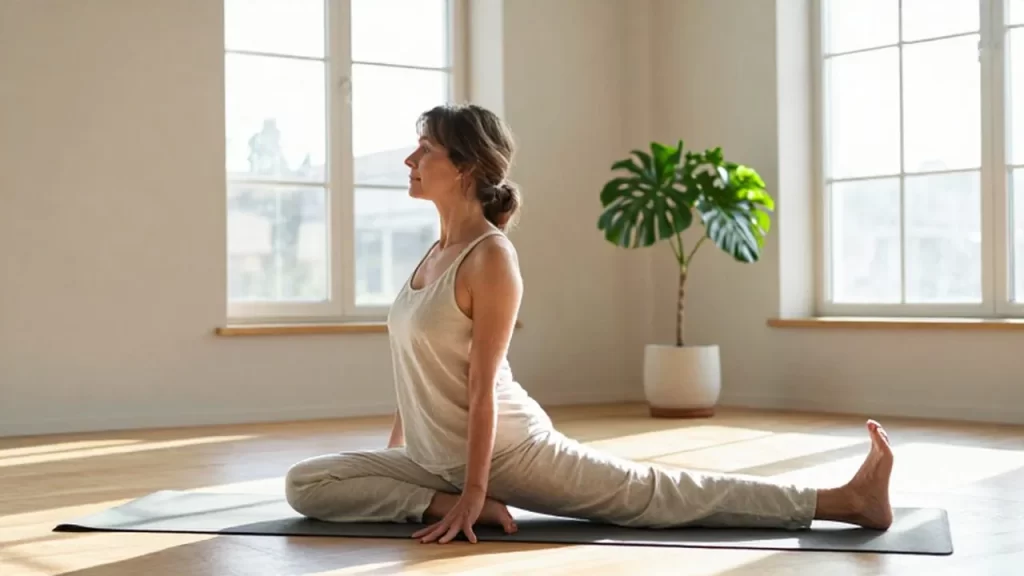 Mujer de mediana edad realizando estiramientos de yoga en una sala luminosa y tranquila.