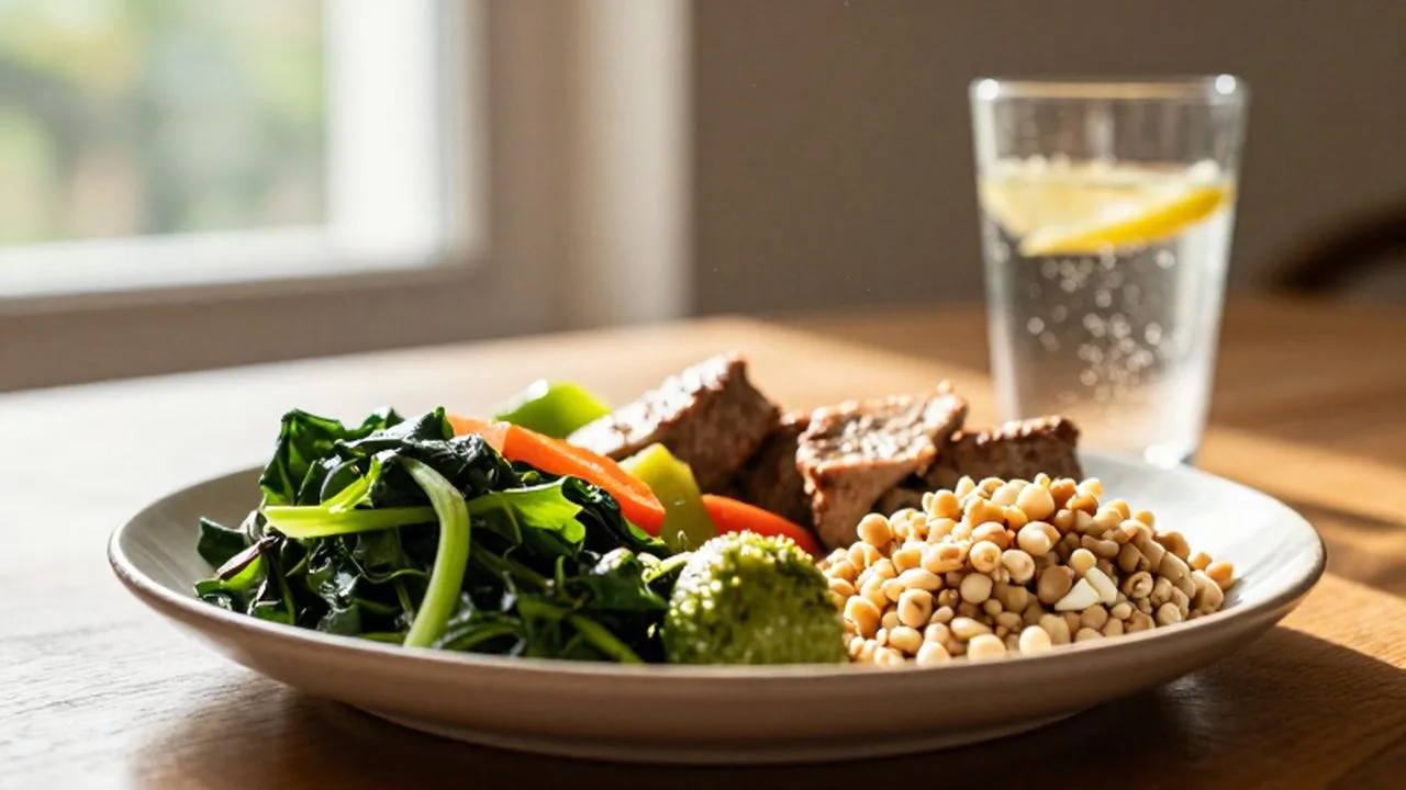 Plato de comida mediterránea con vegetales frescos, proteínas y carbohidratos sobre una mesa de madera.