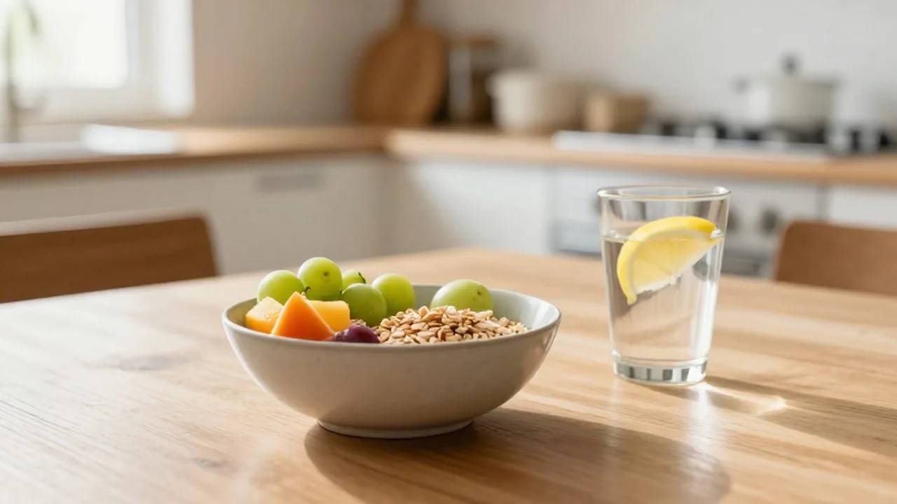 Cuenco de cerámica con frutas frescas y cereales junto a un vaso de agua con limón sobre una mesa de madera.