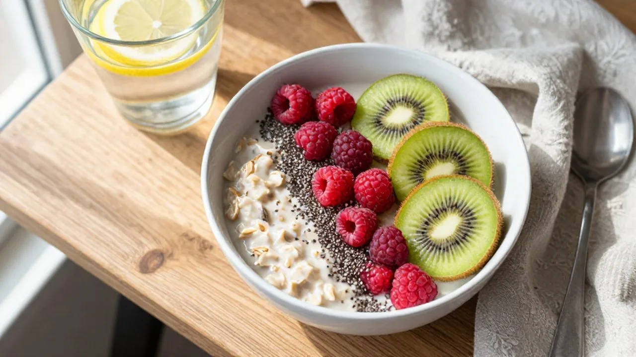 Cuenco de avena con frambuesas y chía junto a kiwi y agua con limón sobre madera.