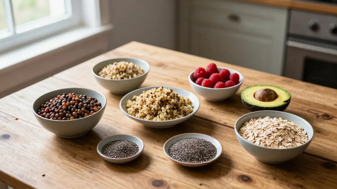 Variedad de alimentos integrales como lentejas, quinoa, aguacate y frutos rojos sobre una mesa de madera.