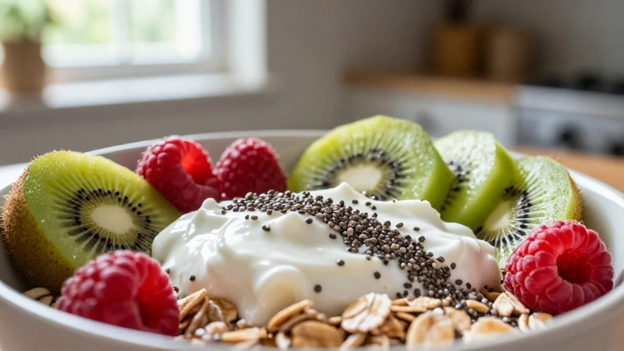 Bol de yogur griego con kiwi, frambuesas, avena y semillas de chía bajo la luz del sol.