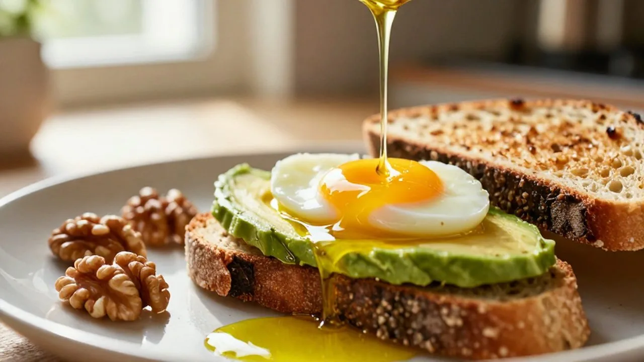 Desayuno mediterráneo con aguacate, huevo con yema líquida, tostada de masa madre y nueces bajo luz matutina.