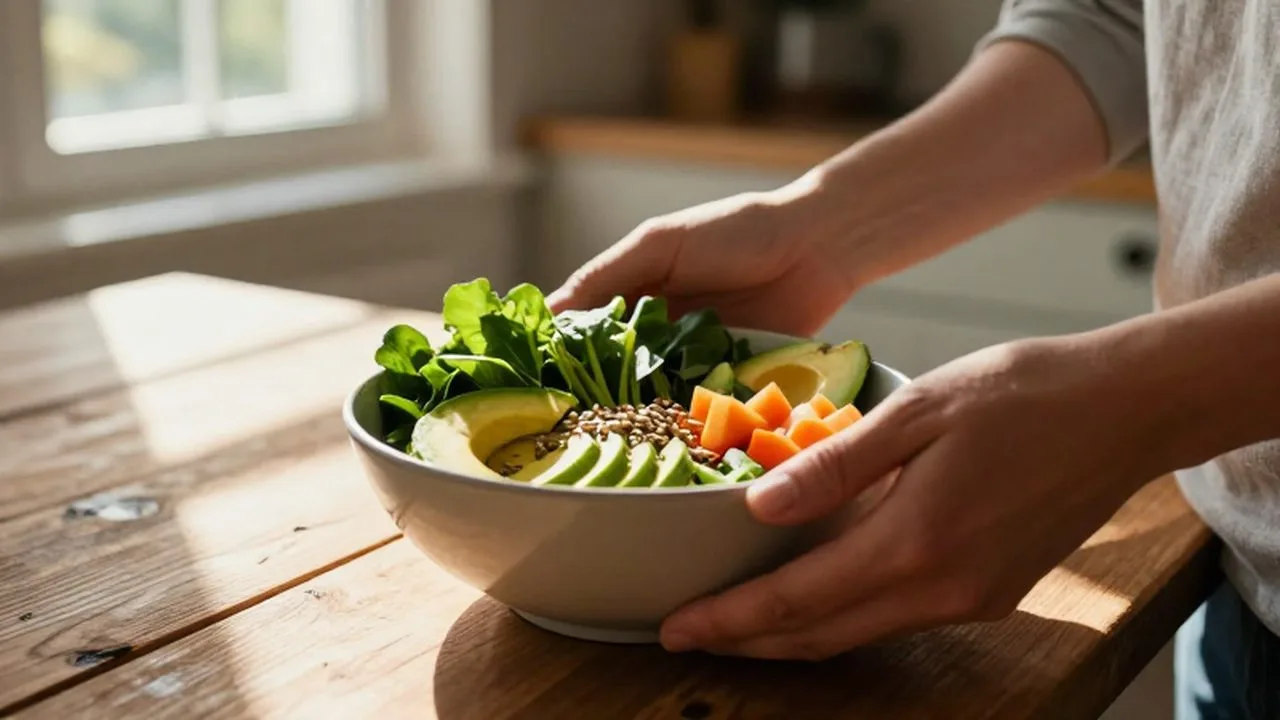 Manos preparando un bol nutritivo con aguacate, verduras frescas y semillas sobre una mesa de madera.