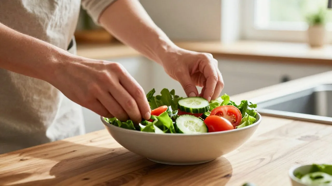 Manos preparando una ensalada mediterránea de vegetales frescos en un cuenco sobre una mesa de madera.